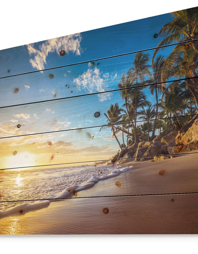 Designq Paradise Tropical Island Beach Sunrise - Seashore Print On Natural Pine Wood