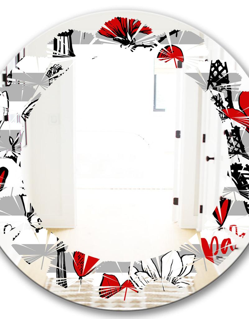 Designq Paris Eiffel Red Hearts II - Cottage Round Or Oval Wall Mirror - Leaves