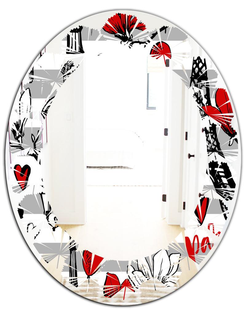 Designq Paris Eiffel Red Hearts II - Cottage Round Or Oval Wall Mirror - Leaves