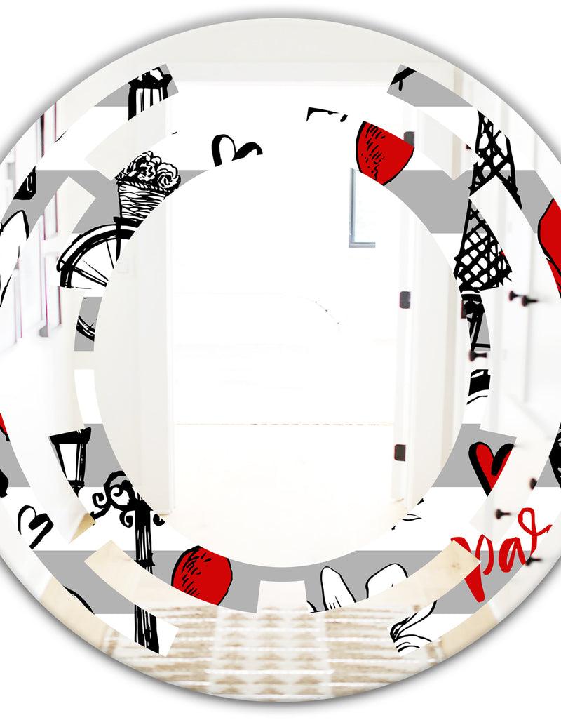 Designq Paris Eiffel Red Hearts II - Cottage Round Or Oval Wall Mirror - Space