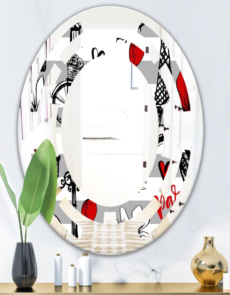 Designq Paris Eiffel Red Hearts II - Cottage Round Or Oval Wall Mirror - Space