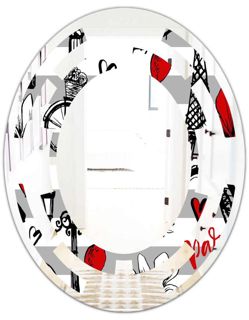 Designq Paris Eiffel Red Hearts II - Cottage Round Or Oval Wall Mirror - Space