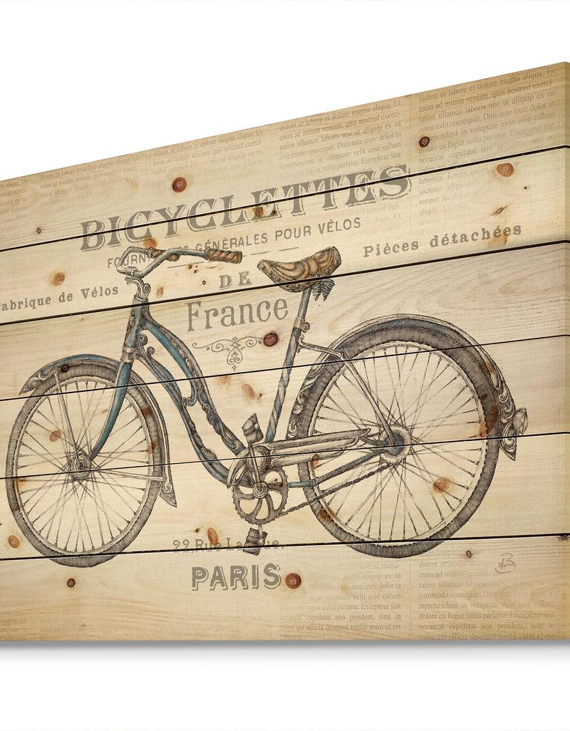 Designq Paris France Bicycles - Vintage Transportation Print On Natural Pine Wood