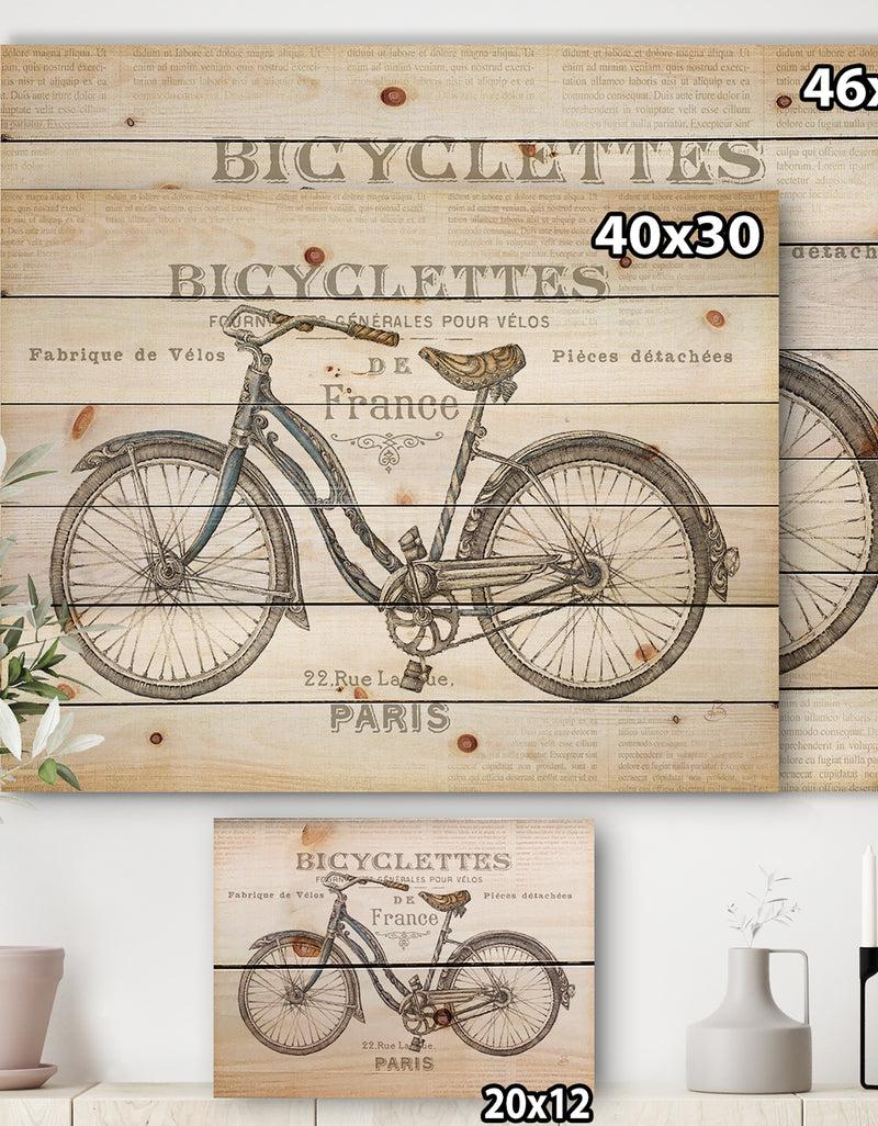 Designq Paris France Bicycles - Vintage Transportation Print On Natural Pine Wood