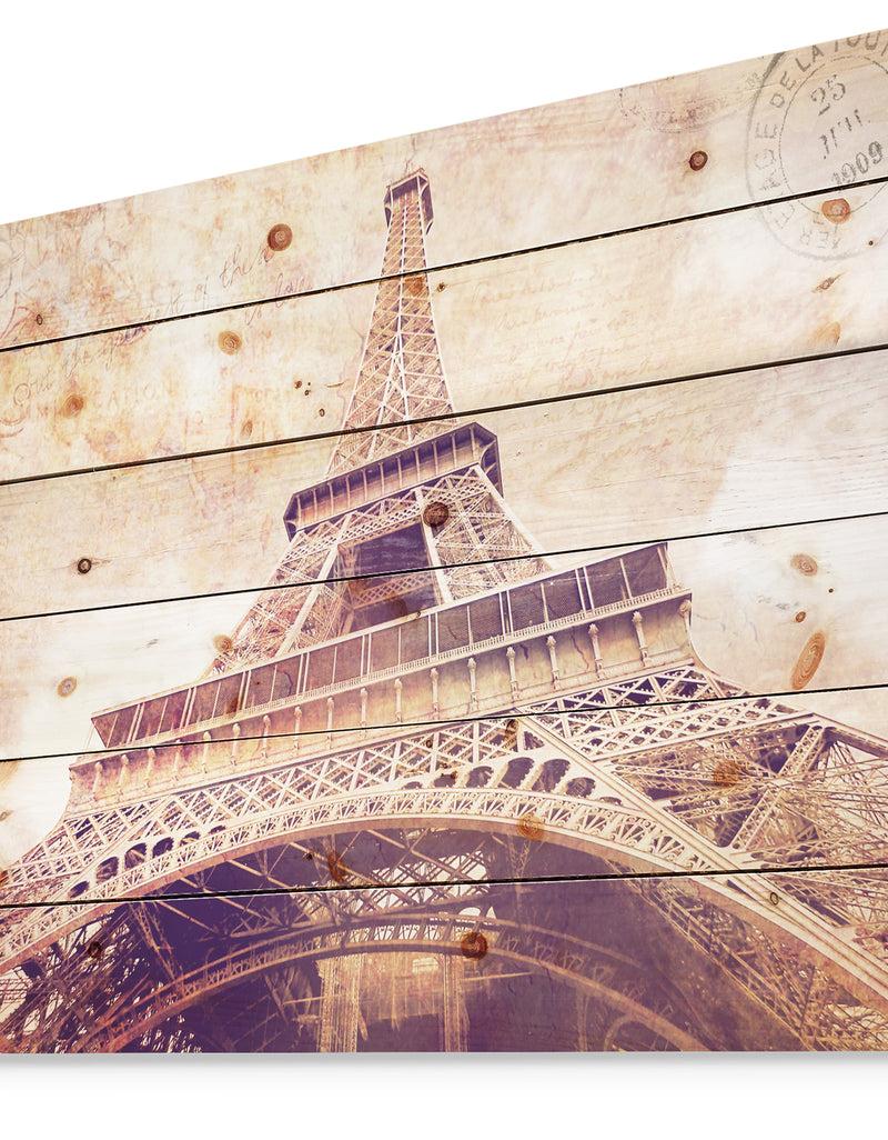 Designq Paris Paris Eiffel TowerParis Postcard Design - Cityscape Print On Natural Pine Wood