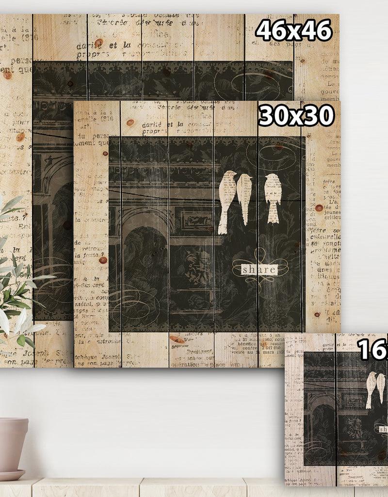Designq Paris Vintage Collage I - French Country Print On Natural Pine Wood