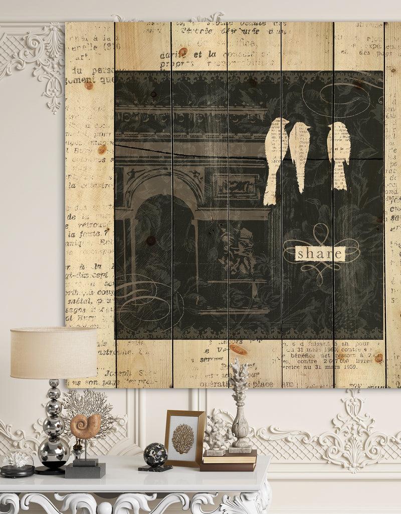 designq Paris Vintage Collage I - French Country Print on Natural Pine Wood