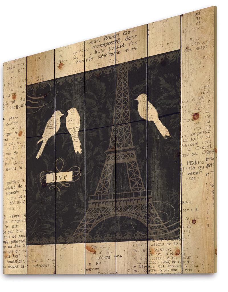 Designq Paris Vintage Collage II - French Country Print On Natural Pine Wood