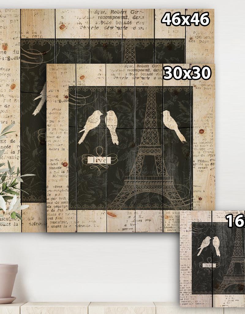 Designq Paris Vintage Collage II - French Country Print On Natural Pine Wood