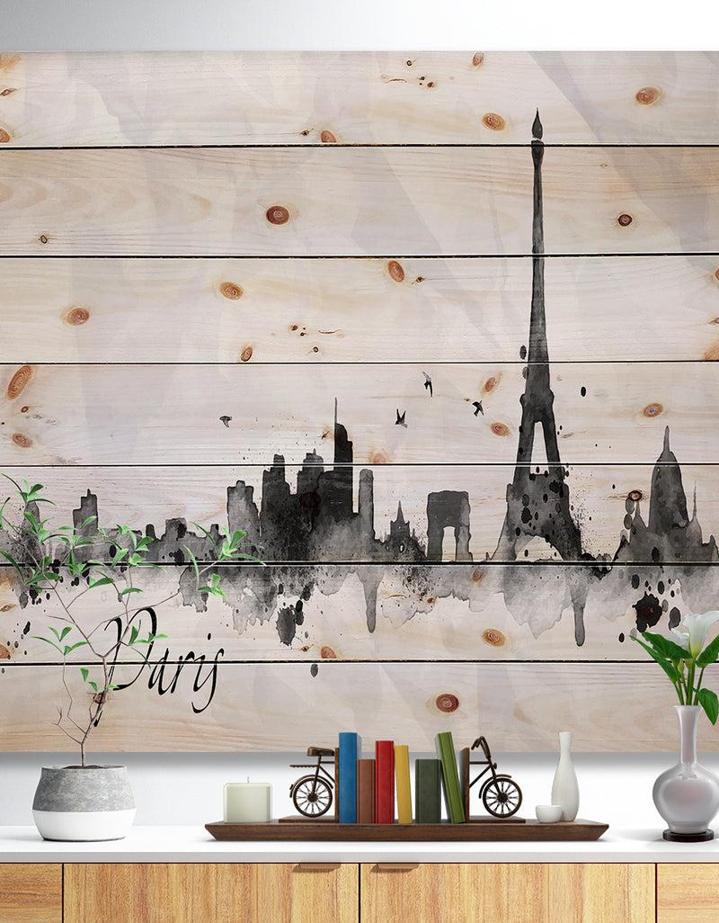 designq Paris with Eiffel Silhouette - Cityscape Print on Natural Pine Wood