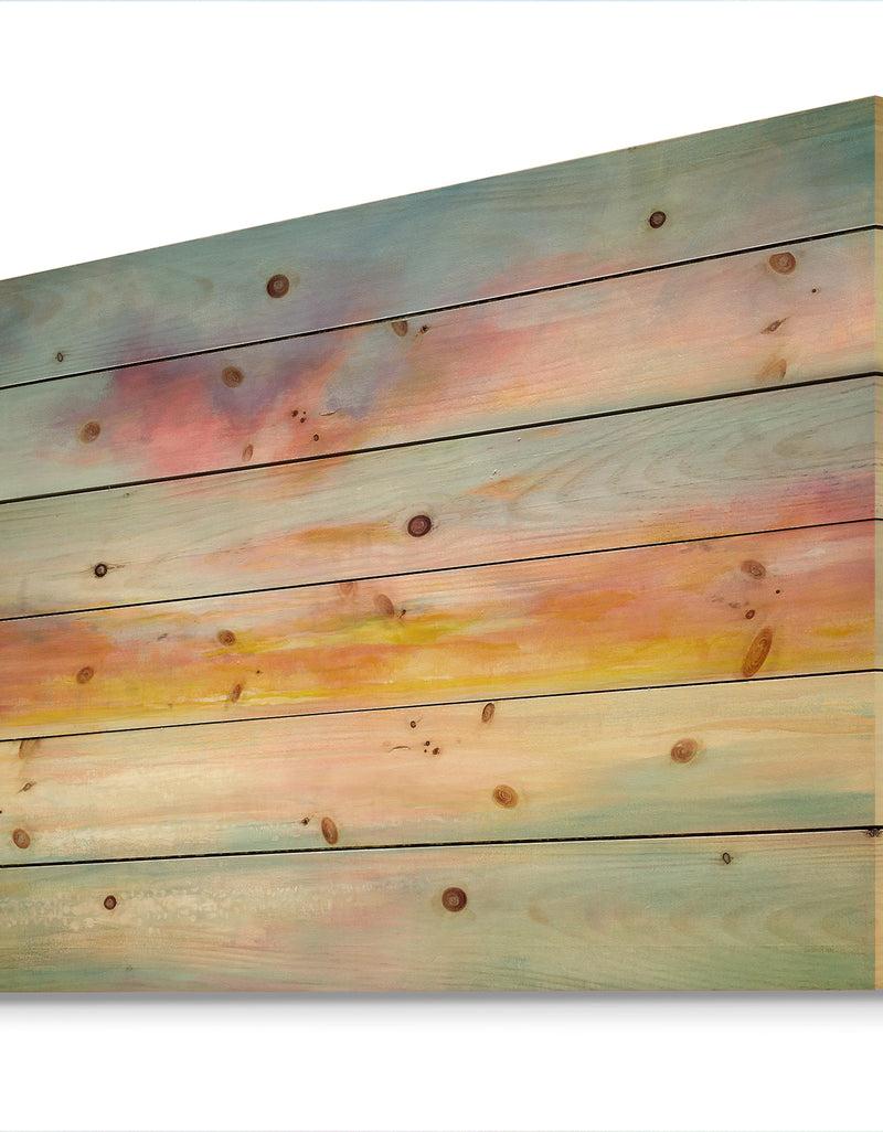 Designq Pastel Pink And Blue Clouds - Traditional Print On Natural Pine Wood