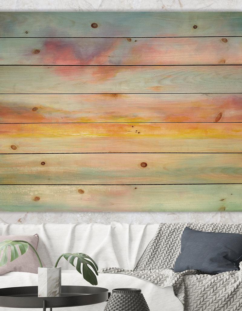 designq Pastel Pink And Blue Clouds - Traditional Print on Natural Pine Wood