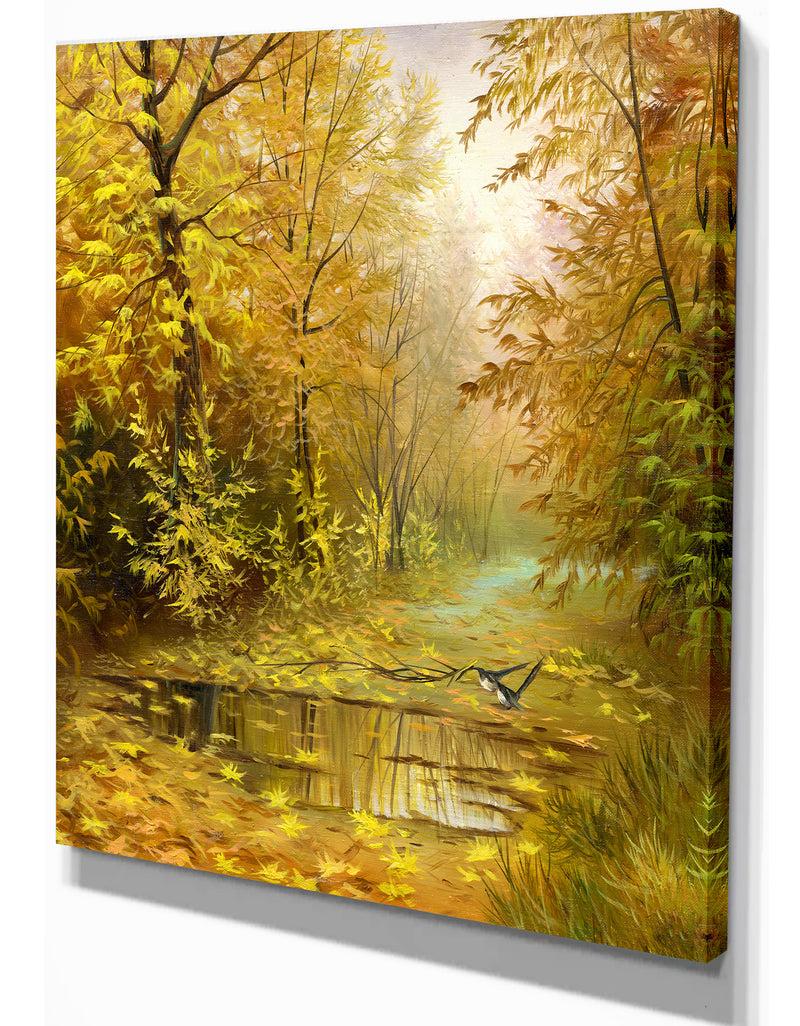 Designq Pathway In Beautiful Autumn Forest - Landscapes Painting Print On Wrapped Canvas