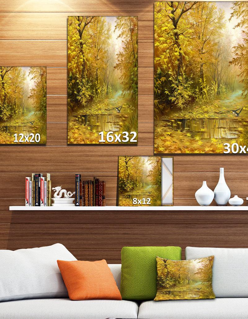Designq Pathway In Beautiful Autumn Forest - Landscapes Painting Print On Wrapped Canvas