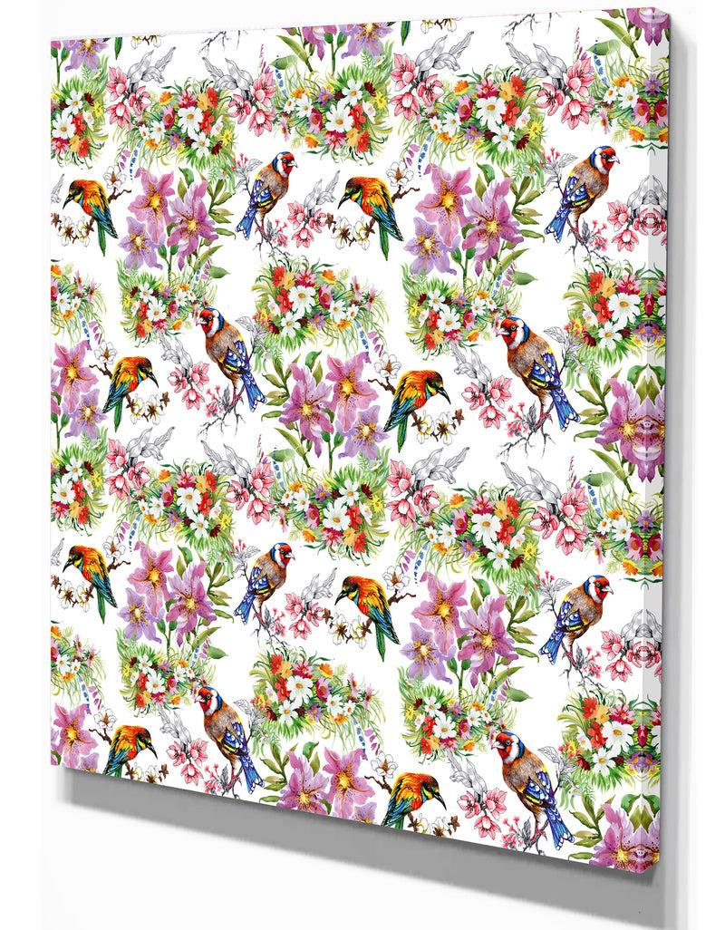 Designq Pattern With Flowers And Birds - Floral Painting Print On Wrapped Canvas