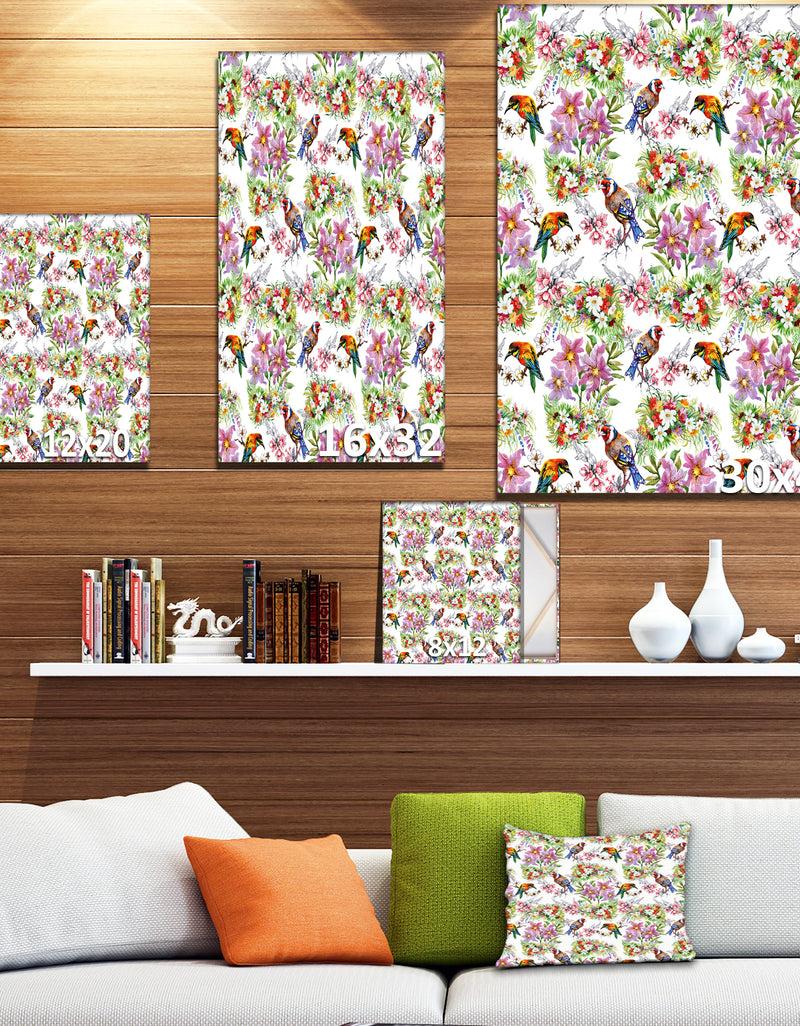 Designq Pattern With Flowers And Birds - Floral Painting Print On Wrapped Canvas