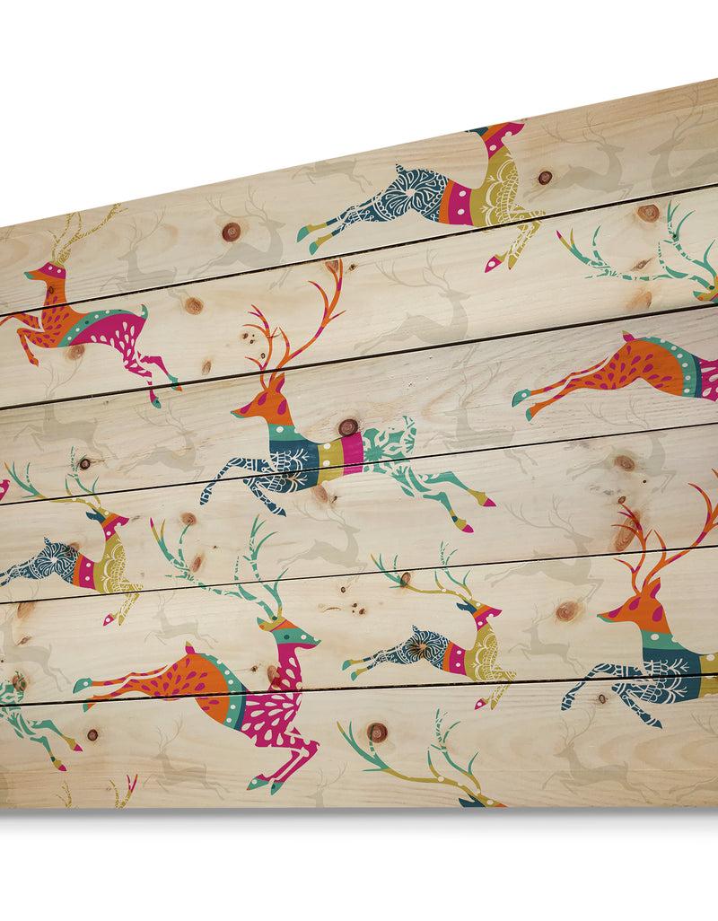 Designq Patterned Frolicking Christmas Reindeers - Print On Natural Pine Wood