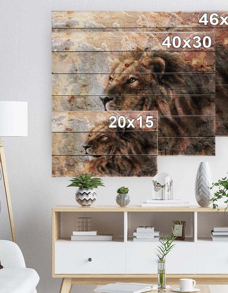 Designq Peaceful Lion - Animal Art Print On Natural Pine Wood