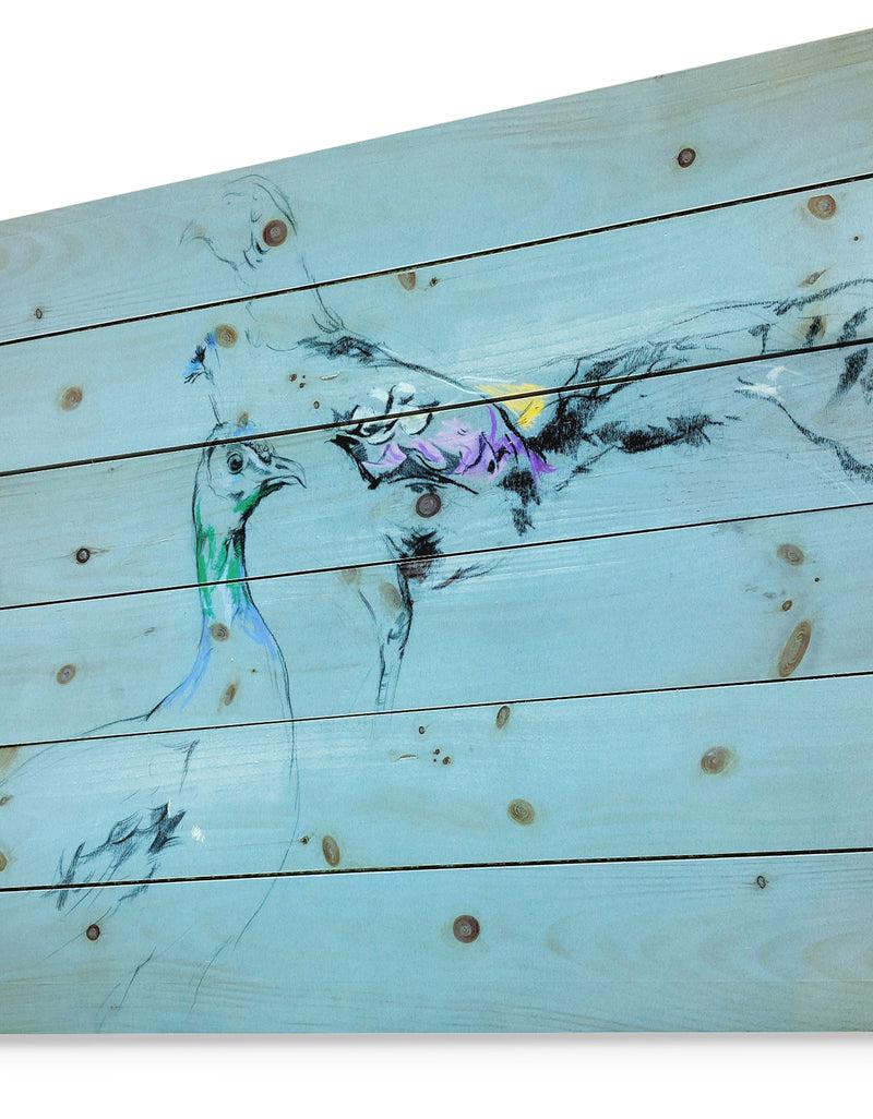 Designq Peacock And Peahen Sketch - Animals Sketch Painting Print On Natural Pine Wood