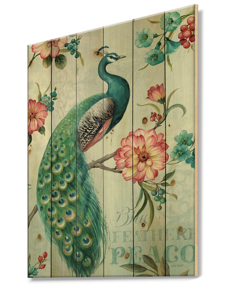 Designq Peacock - Floral And Botanical Print On Natural Pine Wood