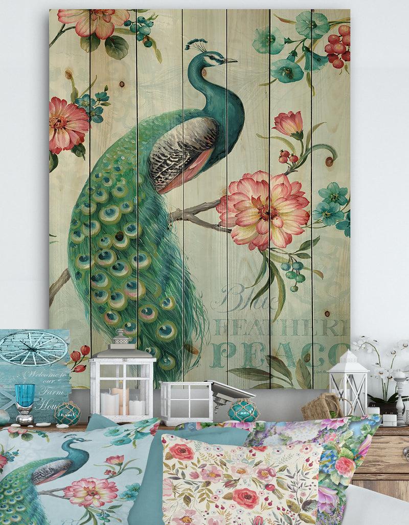 designq Peacock - Floral and botanical Print on Natural Pine Wood