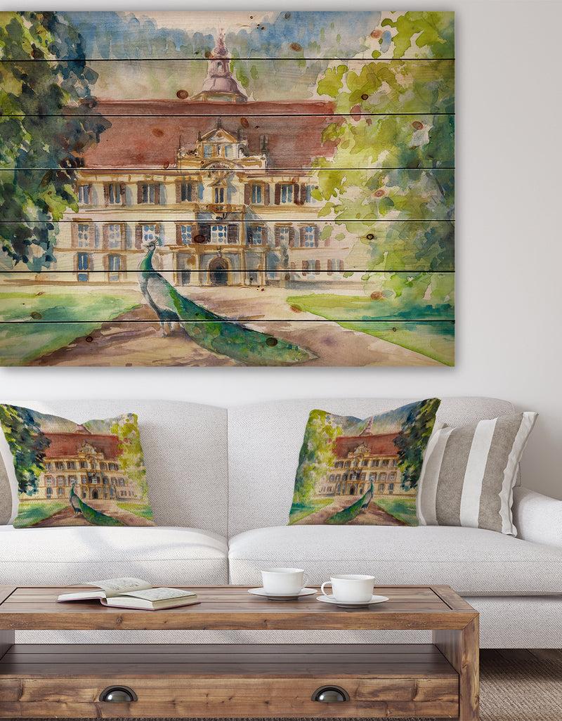 designq Peacock in park - Farmhouse Animal Painting Print on Natural Pine Wood