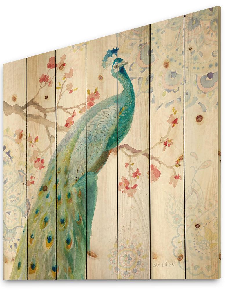 Designq Peacocks Watercolor I - Traditional Print On Natural Pine Wood