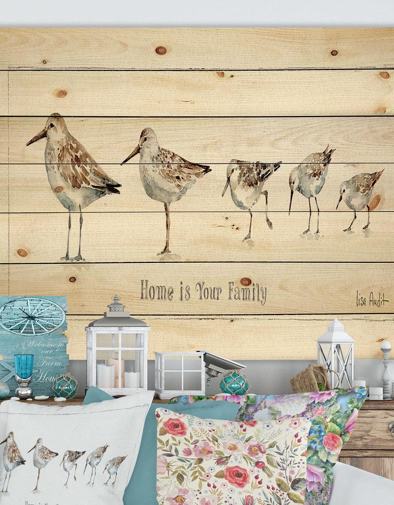 designq Pebbles and Sandpipers Family - Traditional Print on Natural Pine Wood