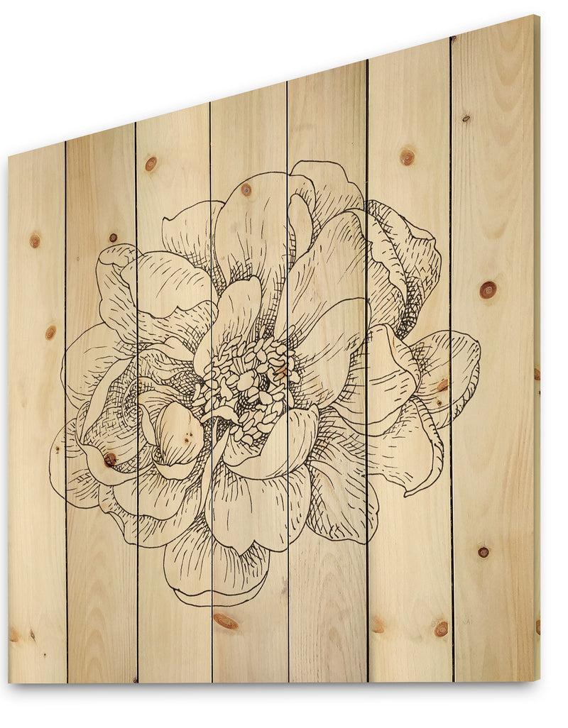 Designq Pen And Ink Florals IV - Farmhouse Print On Natural Pine Wood