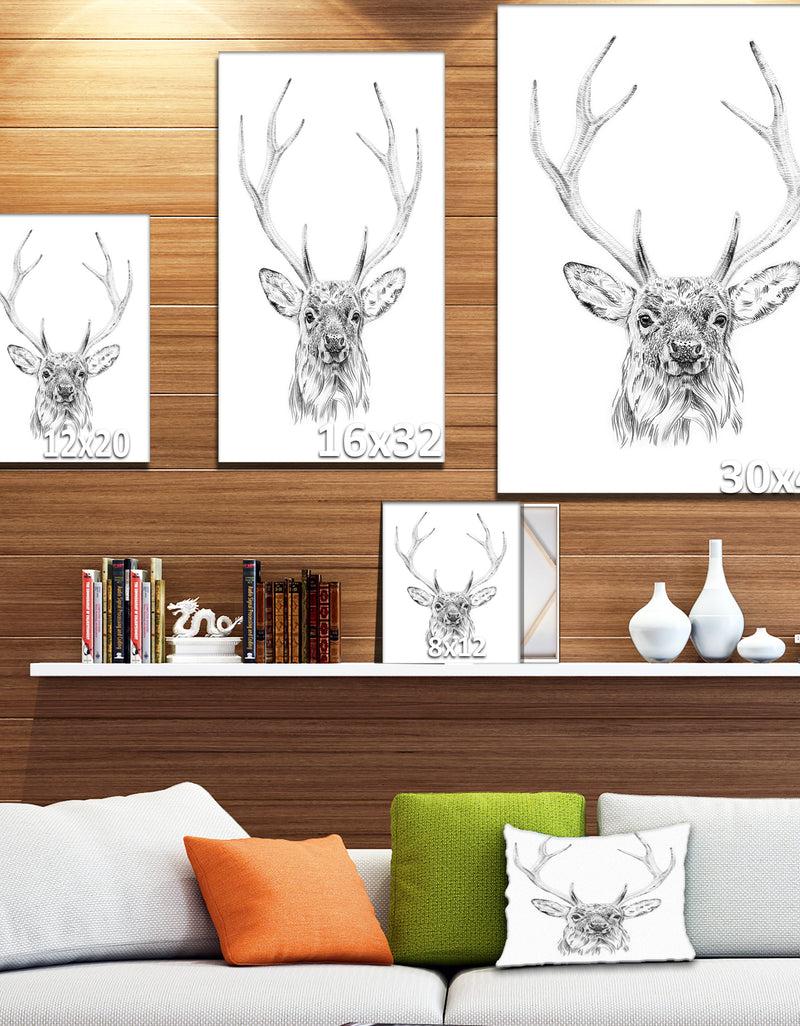 Designq Pencil Deer Sketch In Black And White - Animals Painting Print On Wrapped Canvas