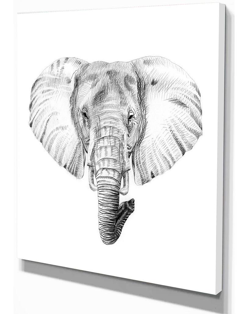 Designq Pencil Elephant Sketch In Black And White - Animals Painting Print On Wrapped Canvas