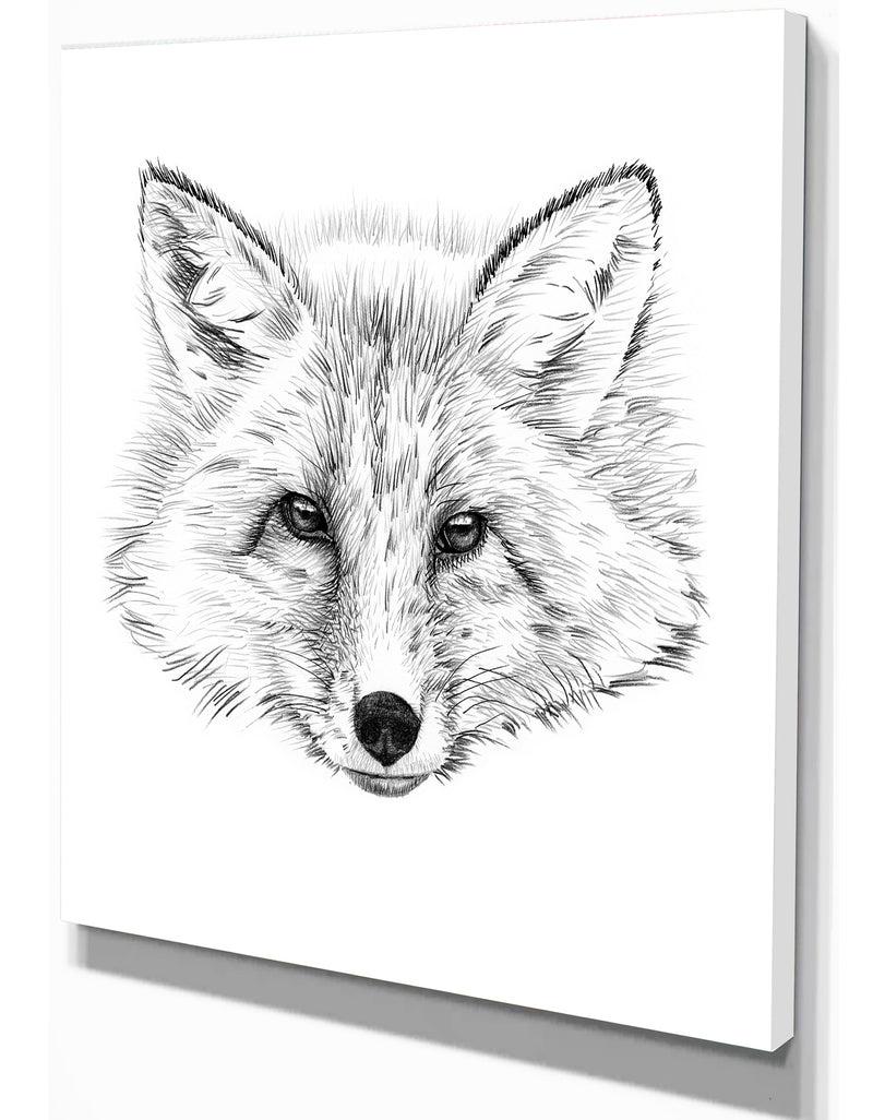 Designq Pencil Fox Sketch In Black And White - Animals Painting Print On Wrapped Canvas