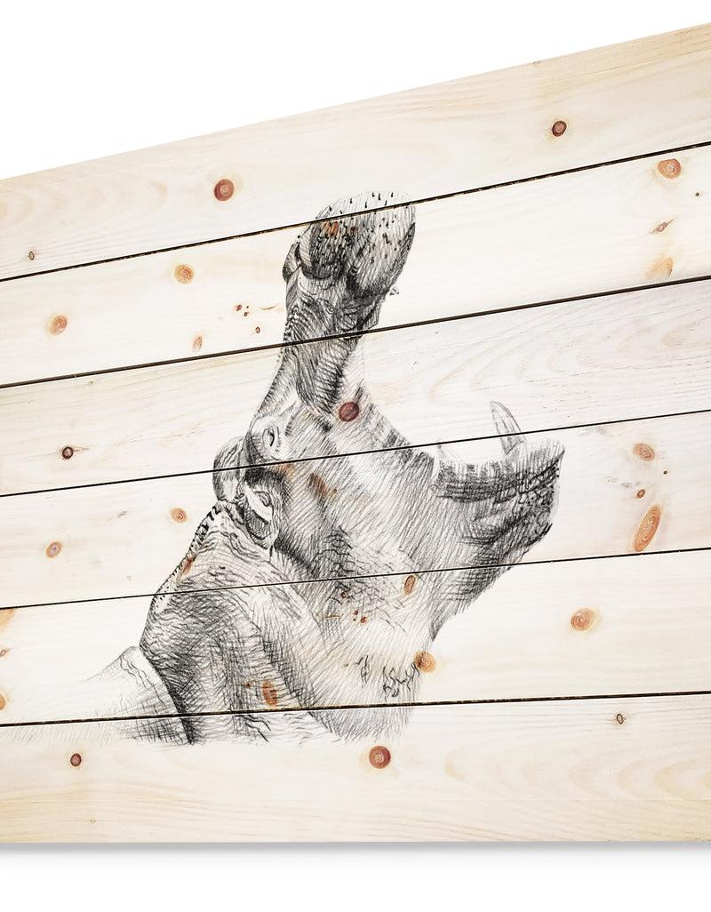 Designq Pencil Hippo Sketch In Black And White - Animals Painting Print On Natural Pine Wood