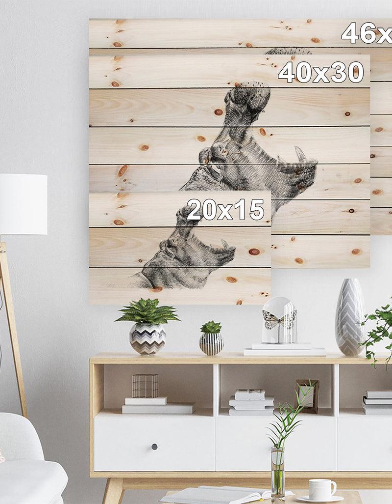 Designq Pencil Hippo Sketch In Black And White - Animals Painting Print On Natural Pine Wood