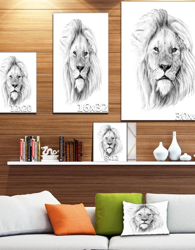 Designq Pencil Lion Sketch In Black And White - Animals Painting Print On Wrapped Canvas