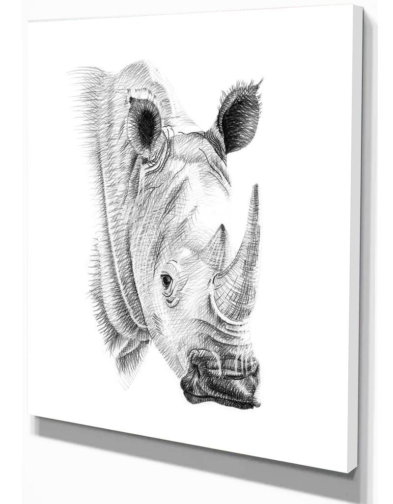 Designq Pencil Rhino Sketch In Black And White - Animals Painting Print On Wrapped Canvas