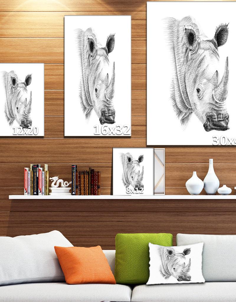 Designq Pencil Rhino Sketch In Black And White - Animals Painting Print On Wrapped Canvas