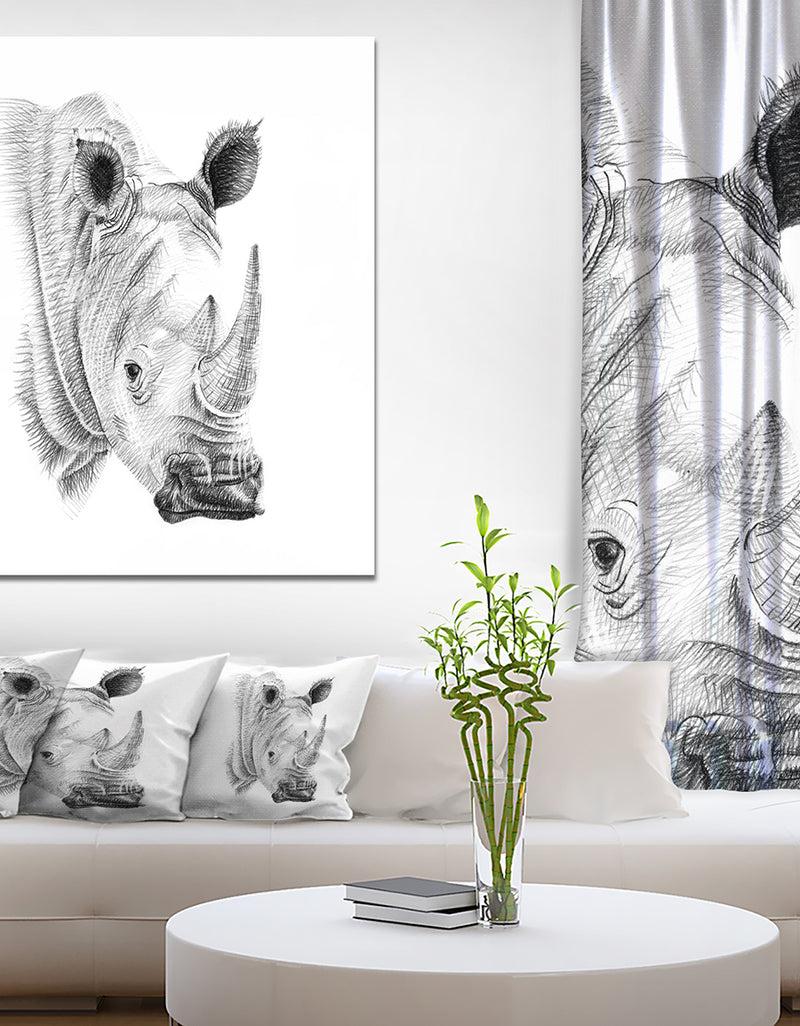 designq Pencil Rhino Sketch in Black and White - Animals Painting Print on Wrapped Canvas