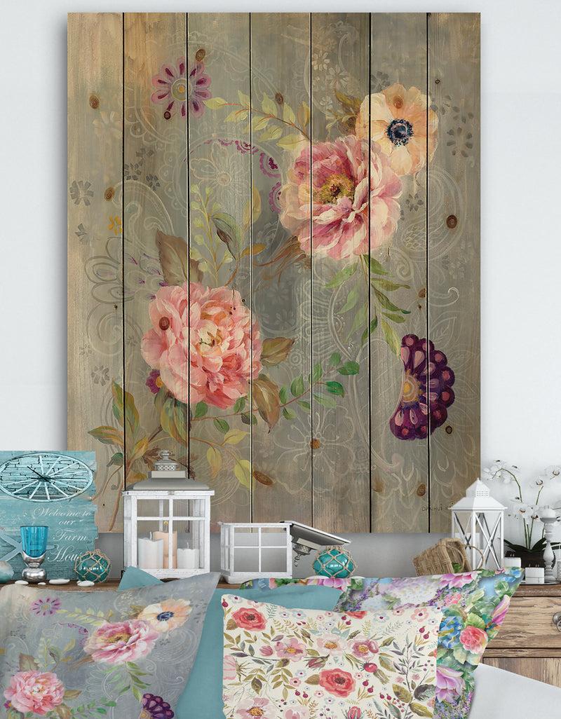 designq Peonies and Paisley - Cabin & Lodge Print on Natural Pine Wood