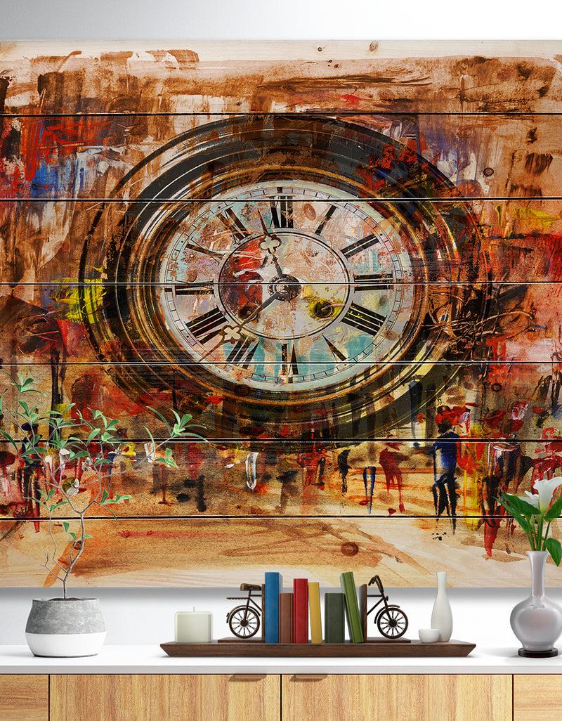 designq People and Time Acrylic Painting - Abstract Print on Natural Pine Wood