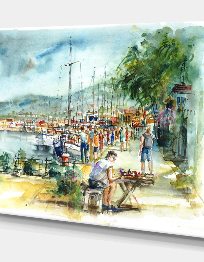 Designq People In The Harbor - Sea & Shore Painting Print On Wrapped Canvas