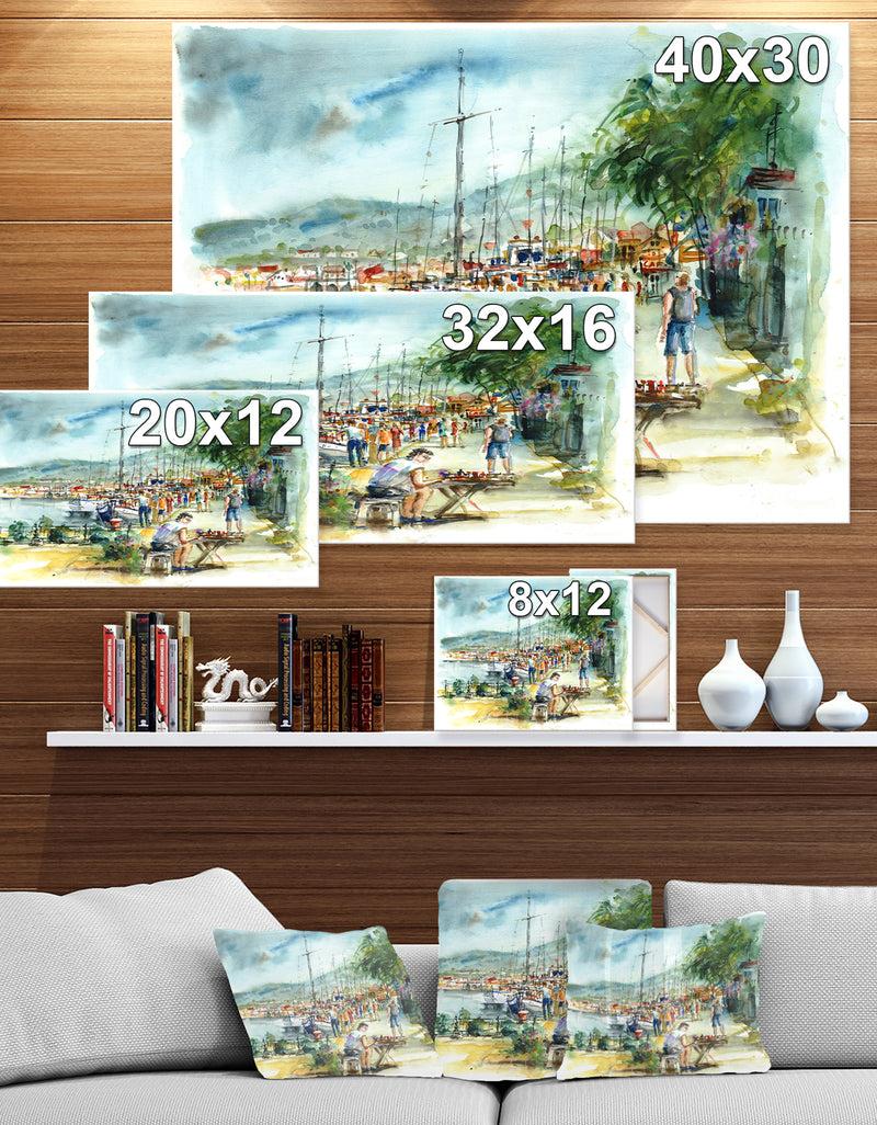 Designq People In The Harbor - Sea & Shore Painting Print On Wrapped Canvas