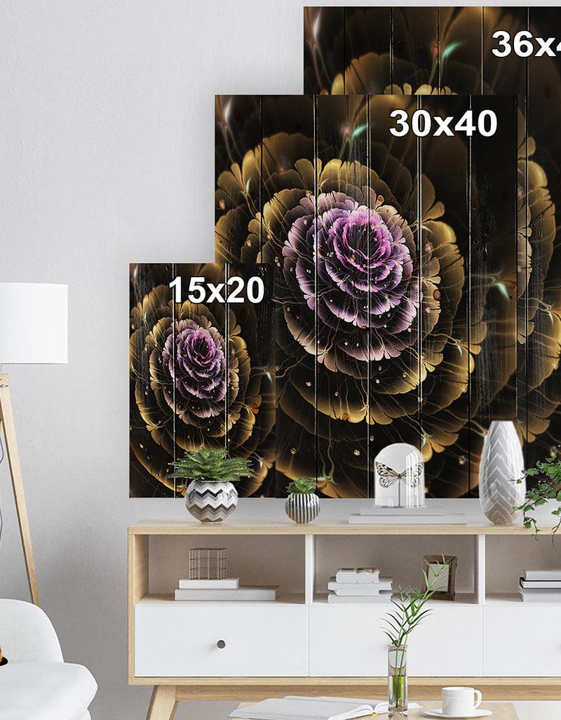 Designq Perfect Fractal Flower In Gold And Purple - Floral Print On Natural Pine Wood