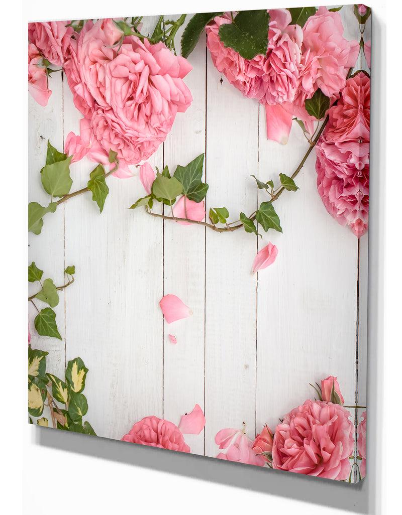 Designq Perfect Pink Rose Flower On Wood - Floral Photography On Wrapped Canvas