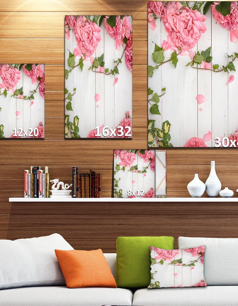 Designq Perfect Pink Rose Flower On Wood - Floral Photography On Wrapped Canvas