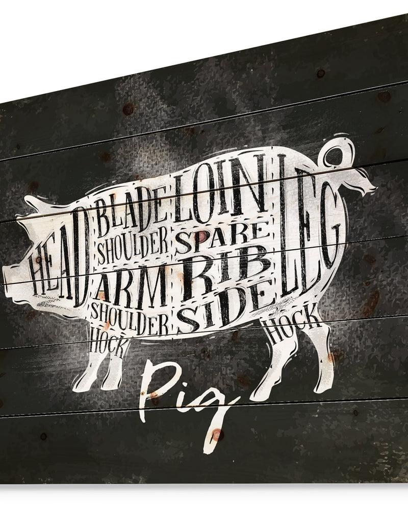 Designq Pig Pork Cutting Scheme Chalk - Farmhouse Animal Painting Print On Natural Pine Wood