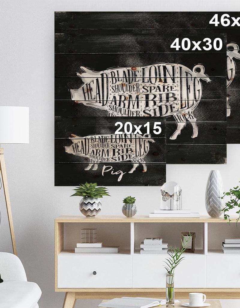 Designq Pig Pork Cutting Scheme Chalk - Farmhouse Animal Painting Print On Natural Pine Wood