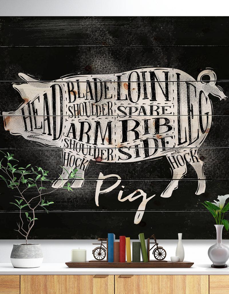 designq Pig pork cutting scheme chalk - Farmhouse Animal Painting Print on Natural Pine Wood