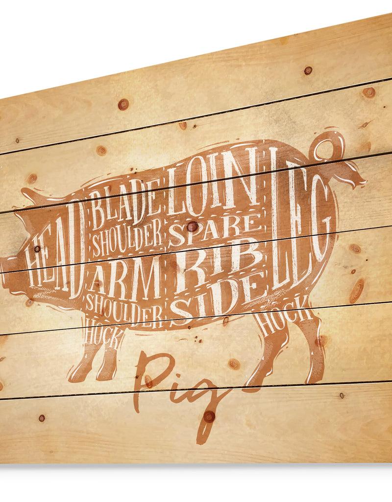 Designq Pig Pork Cutting Scheme Craft - Farmhouse Animal Painting Print On Natural Pine Wood