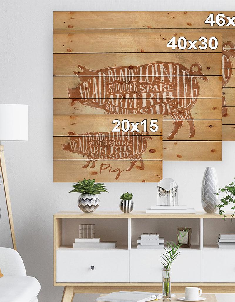 Designq Pig Pork Cutting Scheme Craft - Farmhouse Animal Painting Print On Natural Pine Wood